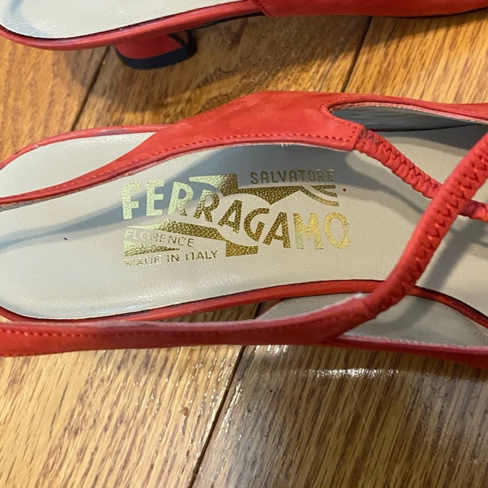 Women's Salvatore Ferragamo Double Strap Bow Red‎ Suede Heels Size 6.5